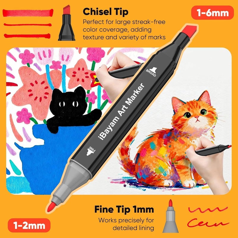 iBayam Alcohol Markers 48 Colors with Case & Holders, Dual Tips Chisel & Fine Art Markers for Adult Coloring Kids Drawing - Image 2